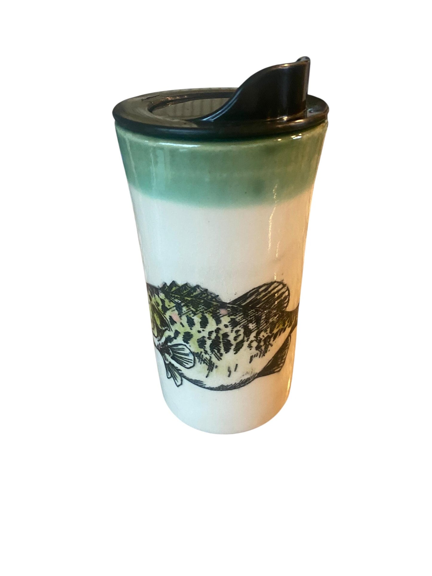 Handmade Ceramic Travel Mug: Bass Fishing Gift - Wide Mouth Functional Art Pottery with Locking Lid