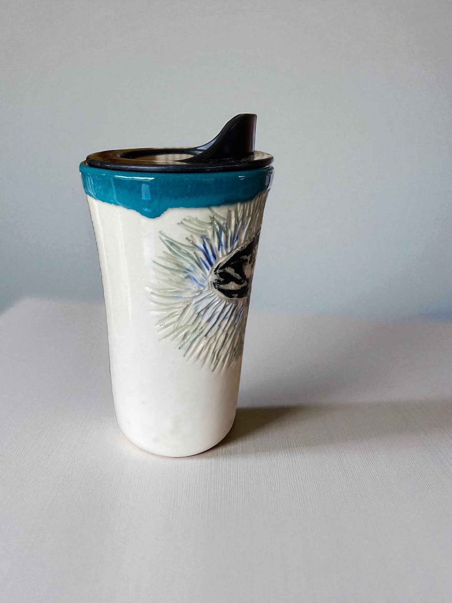 Artisanal Carved Trout Porcelain Travel Mug: 16oz Handmade Stoneware Coffee Cup for Fishing Enthusiasts