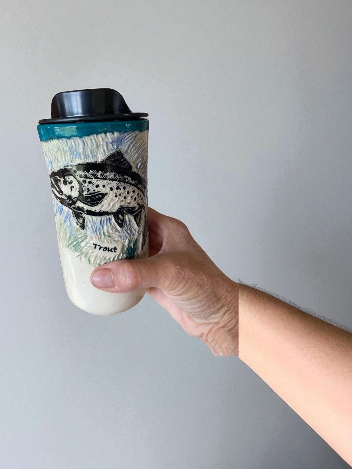 Artisanal Carved Trout Porcelain Travel Mug: 16oz Handmade Stoneware Coffee Cup for Fishing Enthusiasts