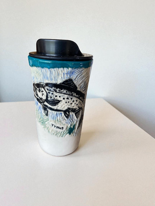 Artisanal Carved Trout Porcelain Travel Mug: 16oz Handmade Stoneware Coffee Cup for Fishing Enthusiasts