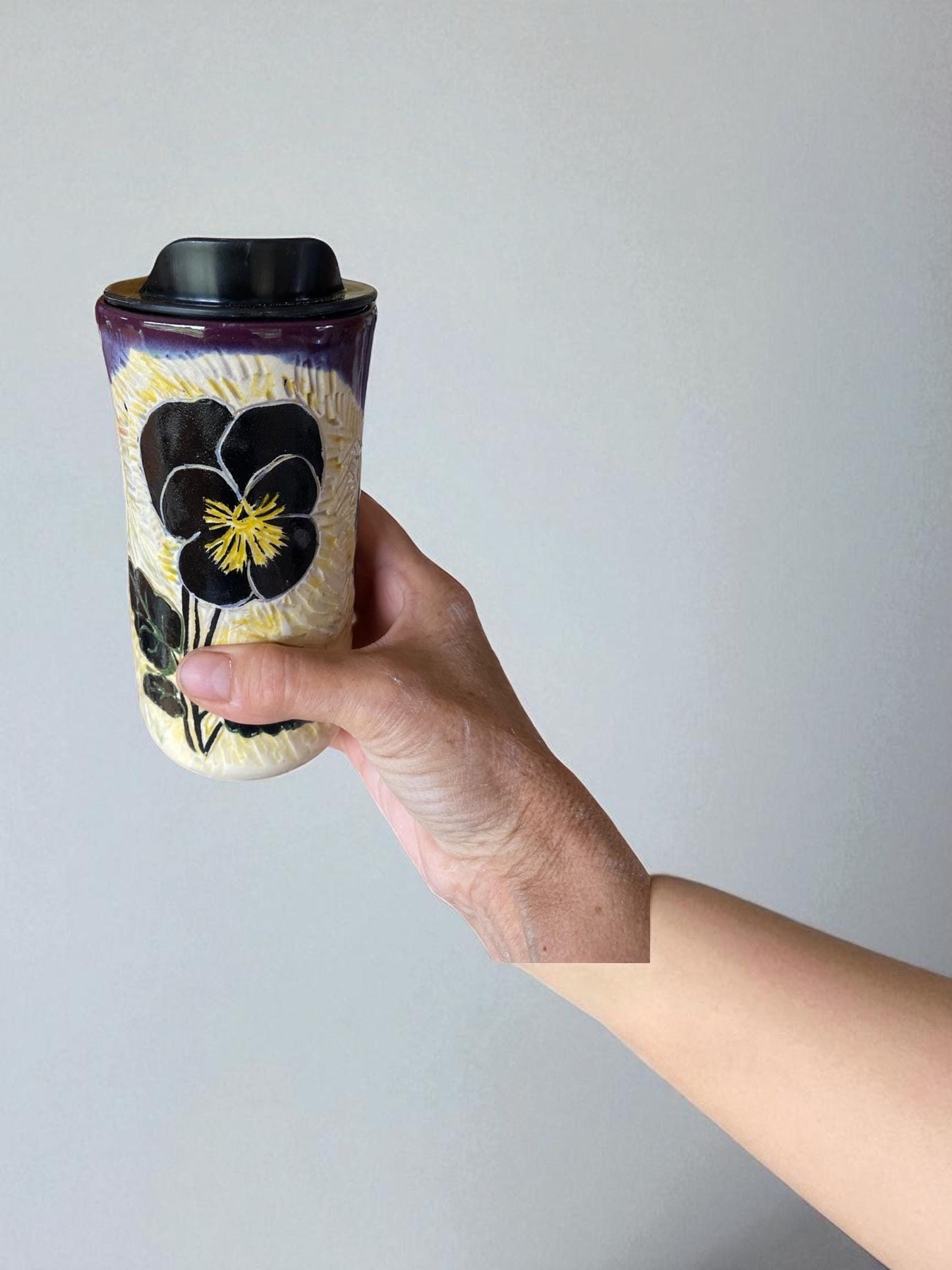Handmade Porcelain Travel Mug: Carved Pansy Design, Locking Lid