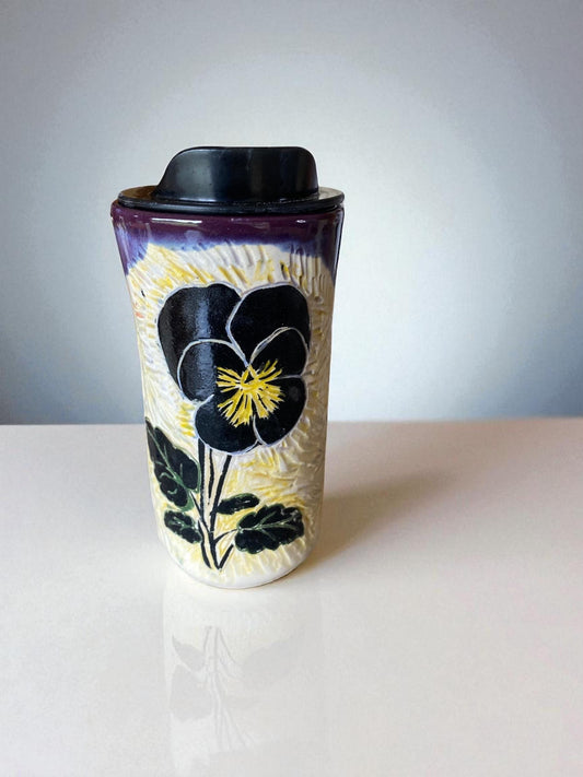 Handmade Porcelain Travel Mug: Carved Pansy Design, Locking Lid