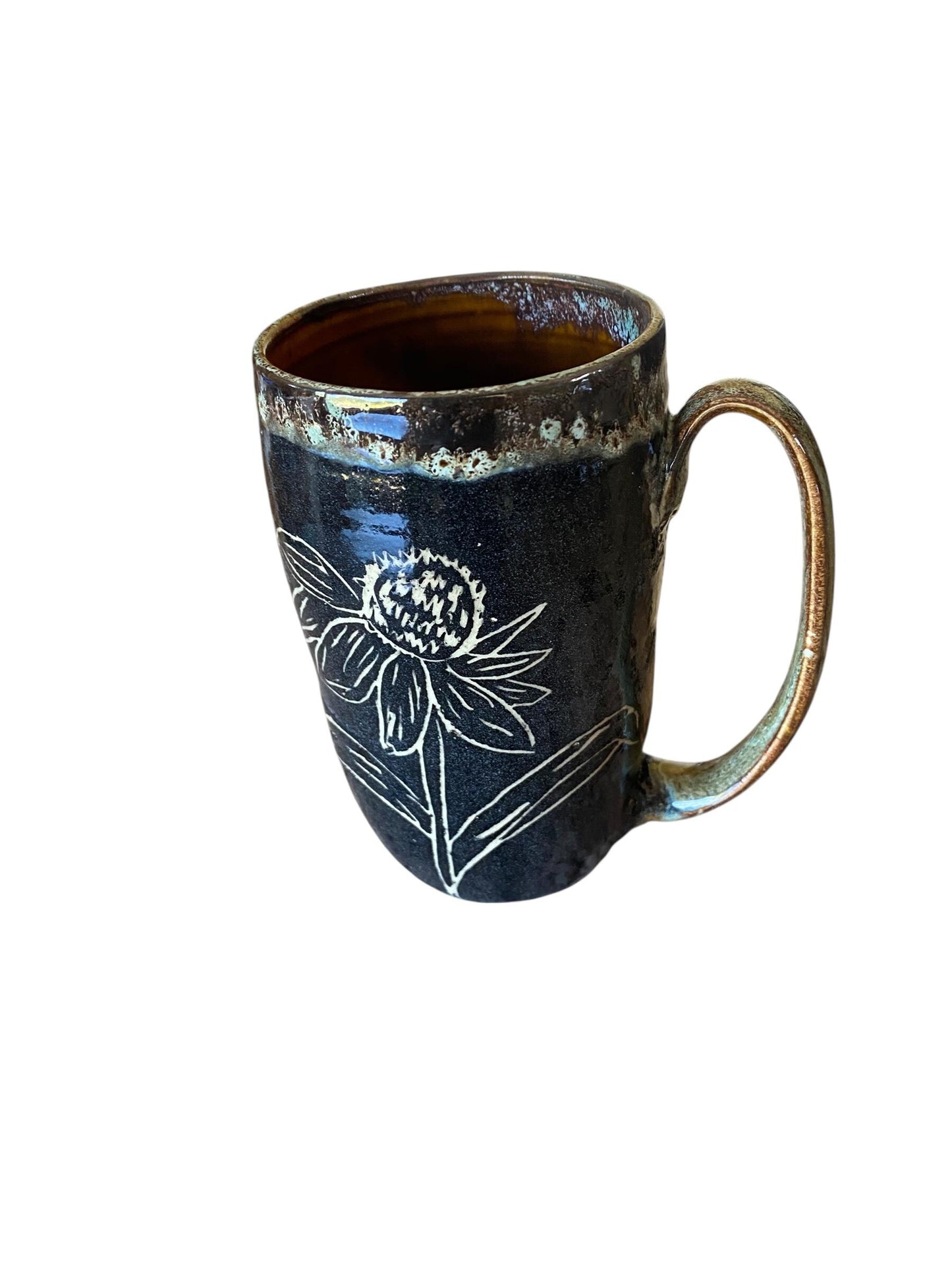 Handmade Sgraffito Coneflower Mug: Rainbow Carved Ceramic Coffee Cup
