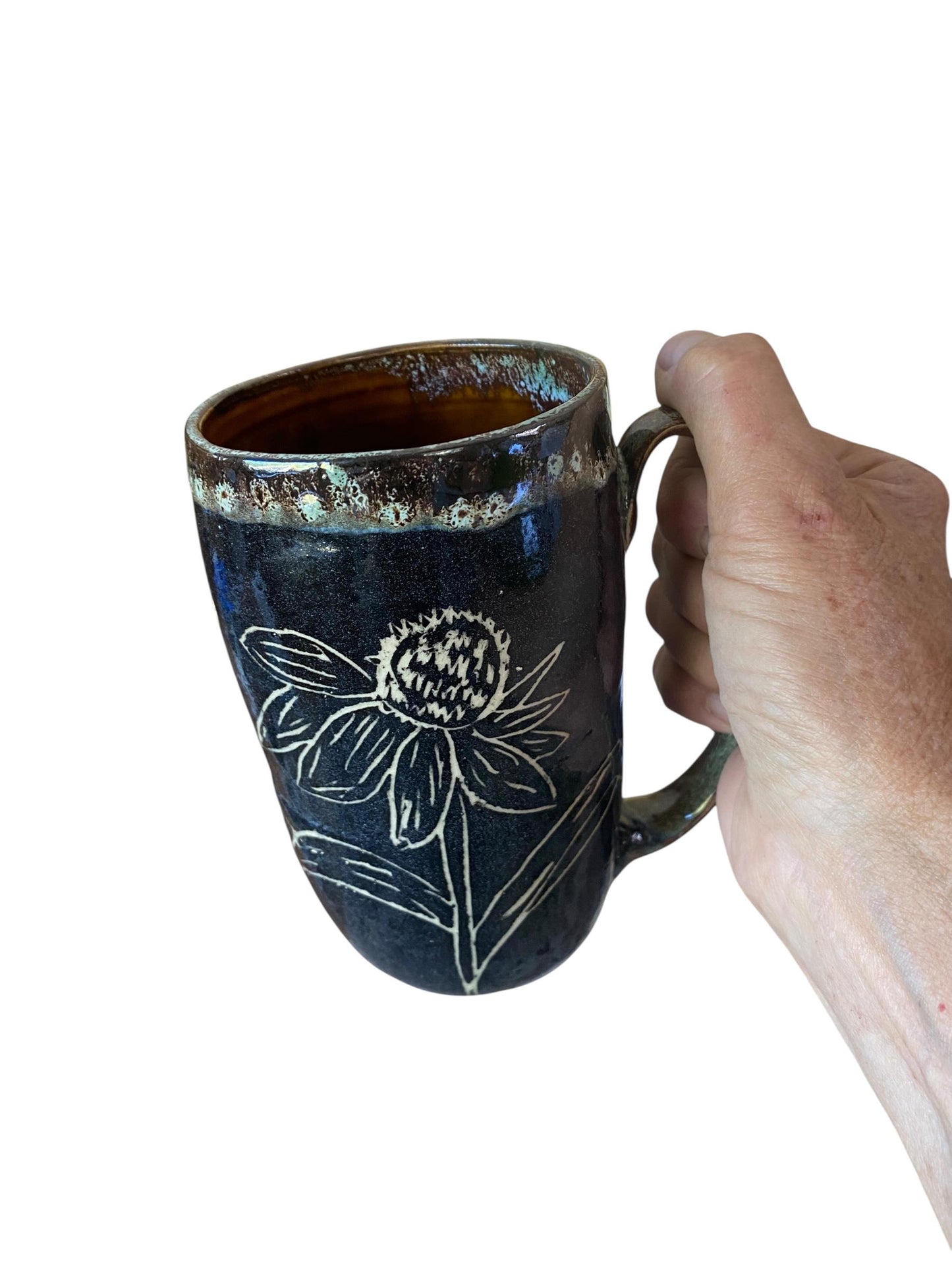 Handmade Sgraffito Coneflower Mug: Rainbow Carved Ceramic Coffee Cup