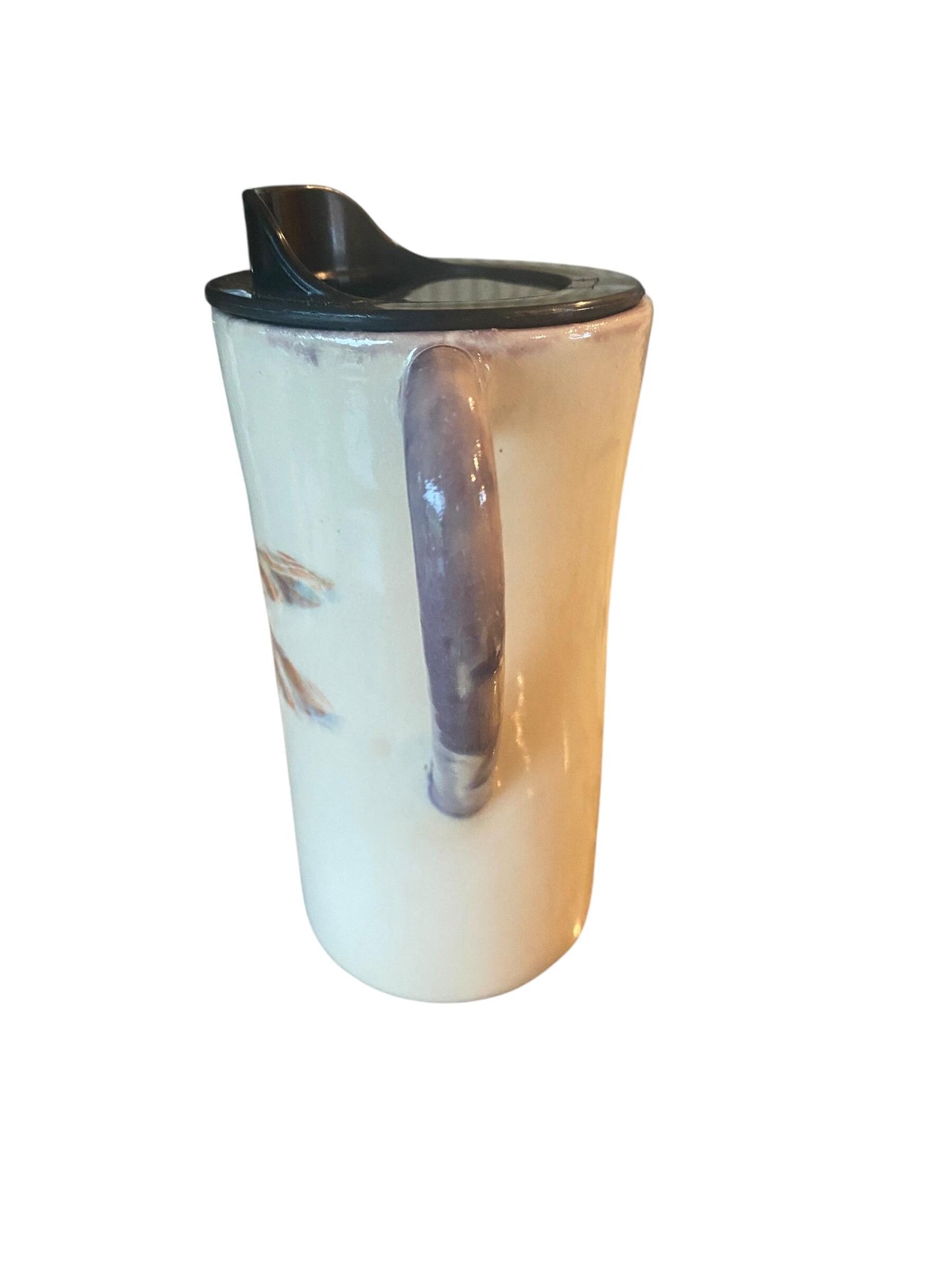 Handmade Porcelain Travel Mug: Carved Dragonfly Design, Locking Lid