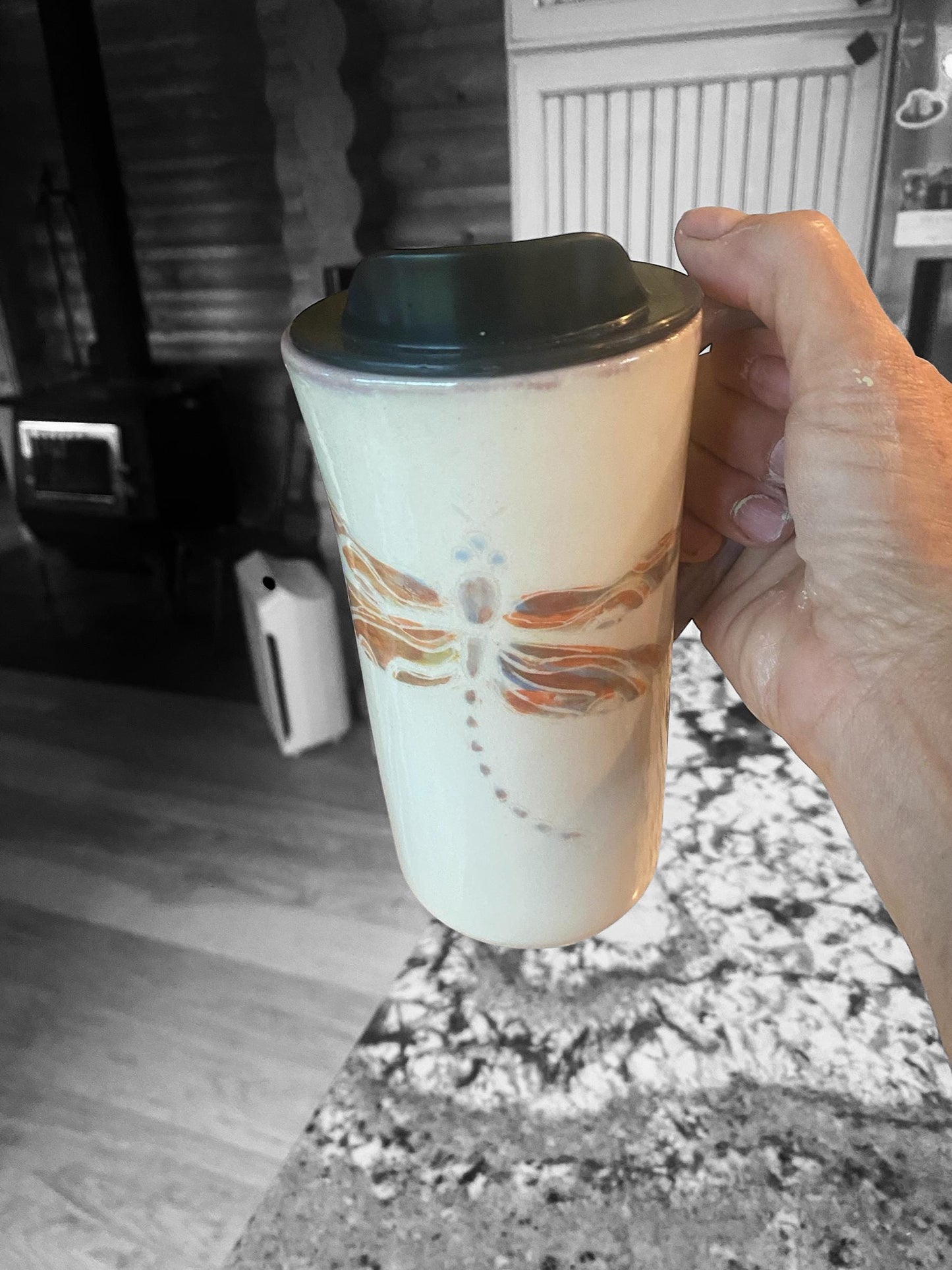 Handmade Porcelain Travel Mug: Carved Dragonfly Design, Locking Lid