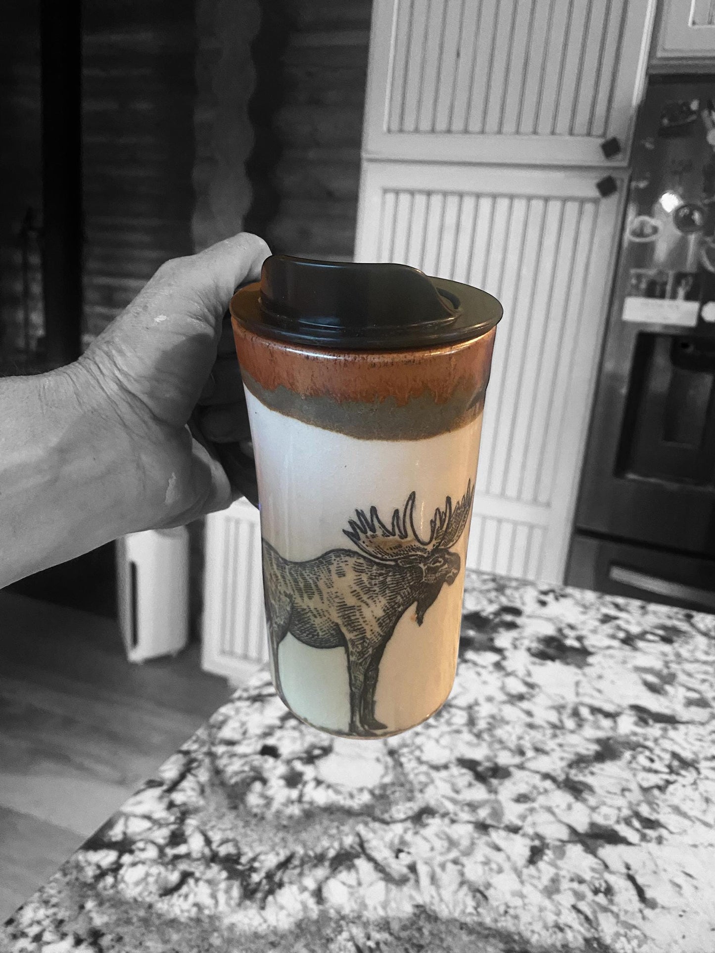 16oz French-Speaking Moose & Squirrel Ceramic Travel Mug - Handmade Stoneware Commuter Cup