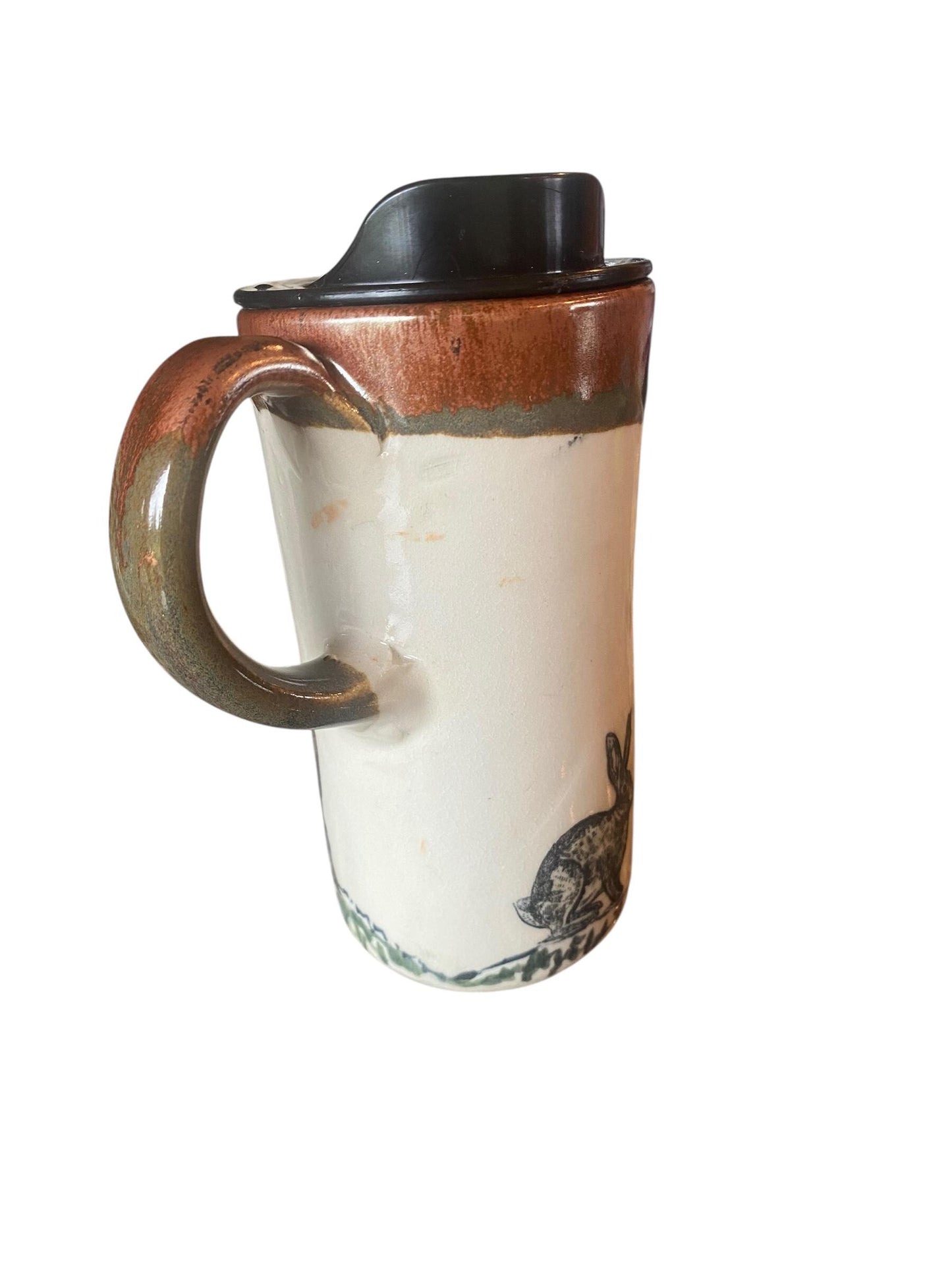 16oz Speaking Bunny & Buffalo Travel Mug - Handmade Stoneware Coffee Cup 'What's up doc?'