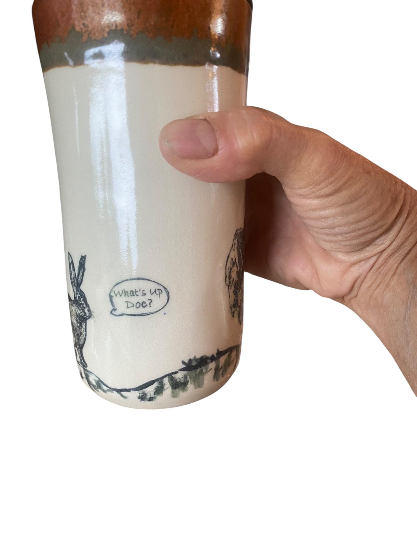 16oz Speaking Bunny & Buffalo Travel Mug - Handmade Stoneware Coffee Cup 'What's up doc?'