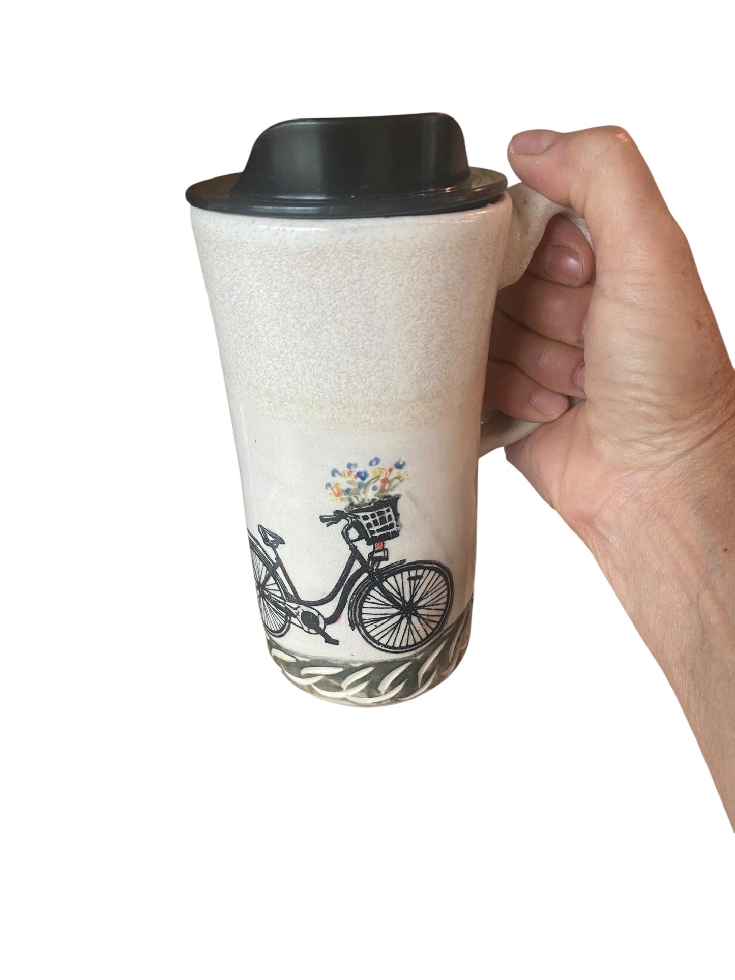 Handcrafted Floral Bicycle Ceramic Travel Mug: 16 oz Stoneware Coffee Cup for Commuters