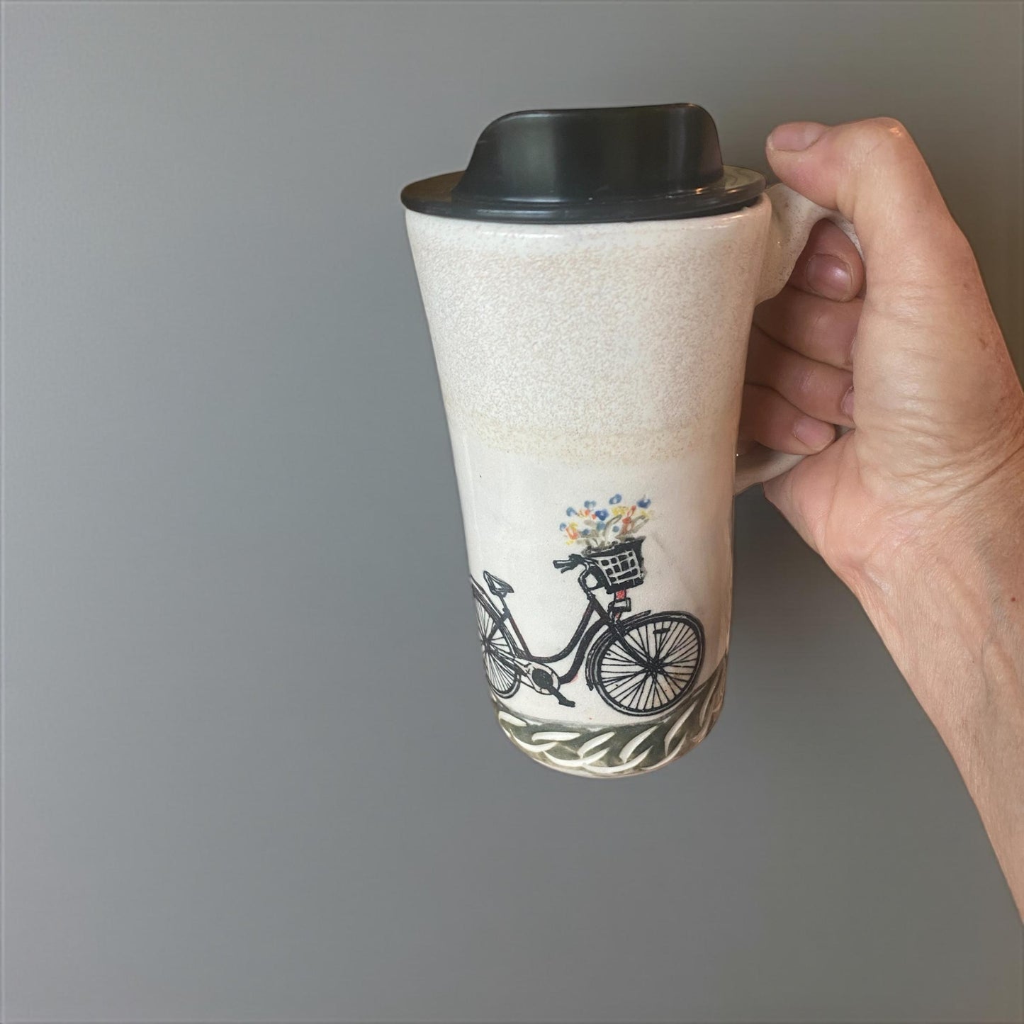 Handcrafted Floral Bicycle Ceramic Travel Mug: 16 oz Stoneware Coffee Cup for Commuters