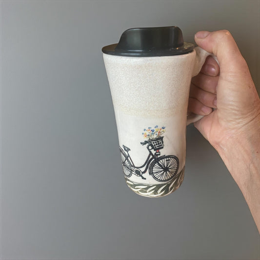Handcrafted Floral Bicycle Ceramic Travel Mug: 16 oz Stoneware Coffee Cup for Commuters