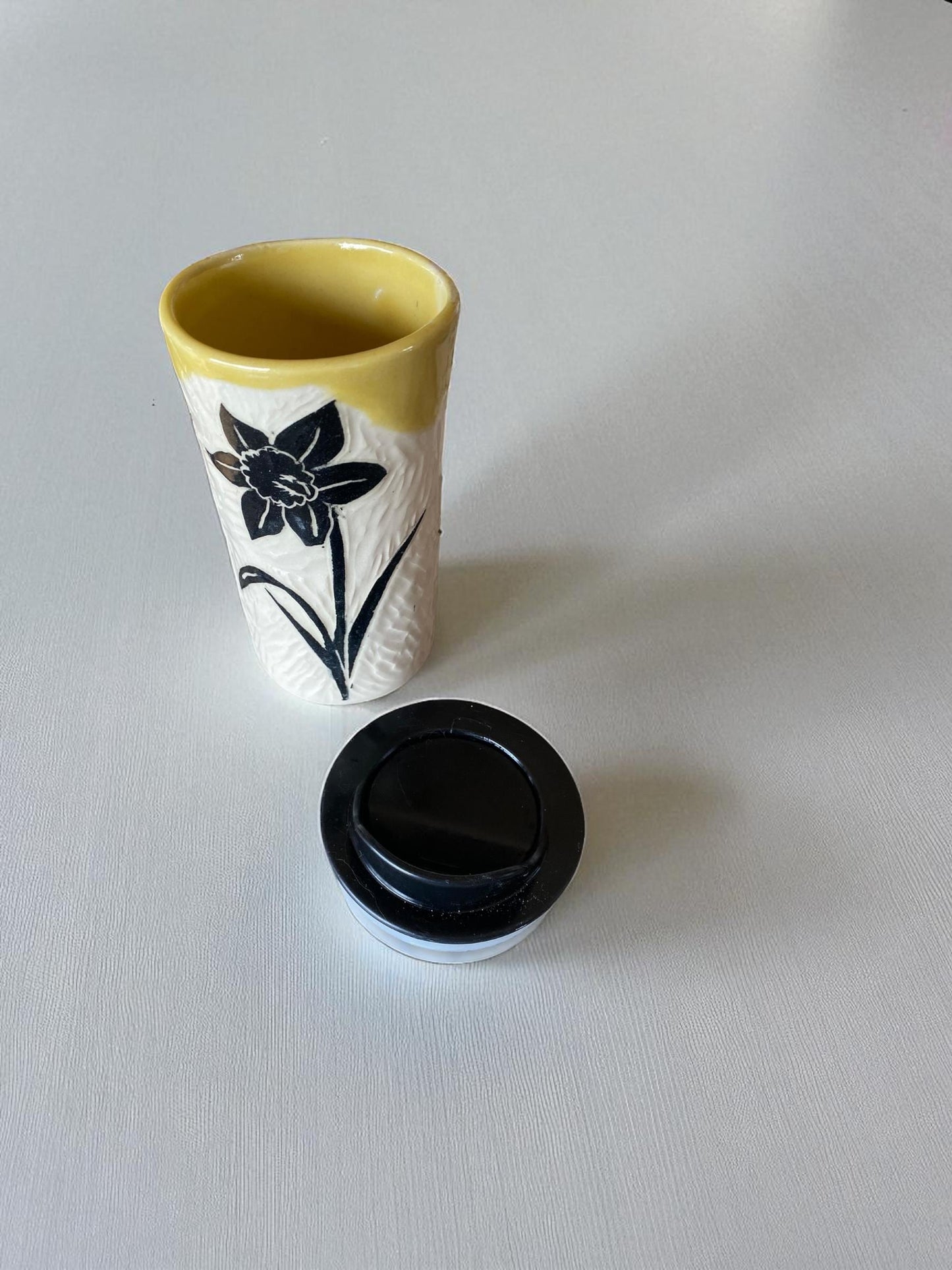 Handcrafted Porcelain Travel Mug with Carved Daffodil Design and Locking Lid - Perfect Commuter Gift