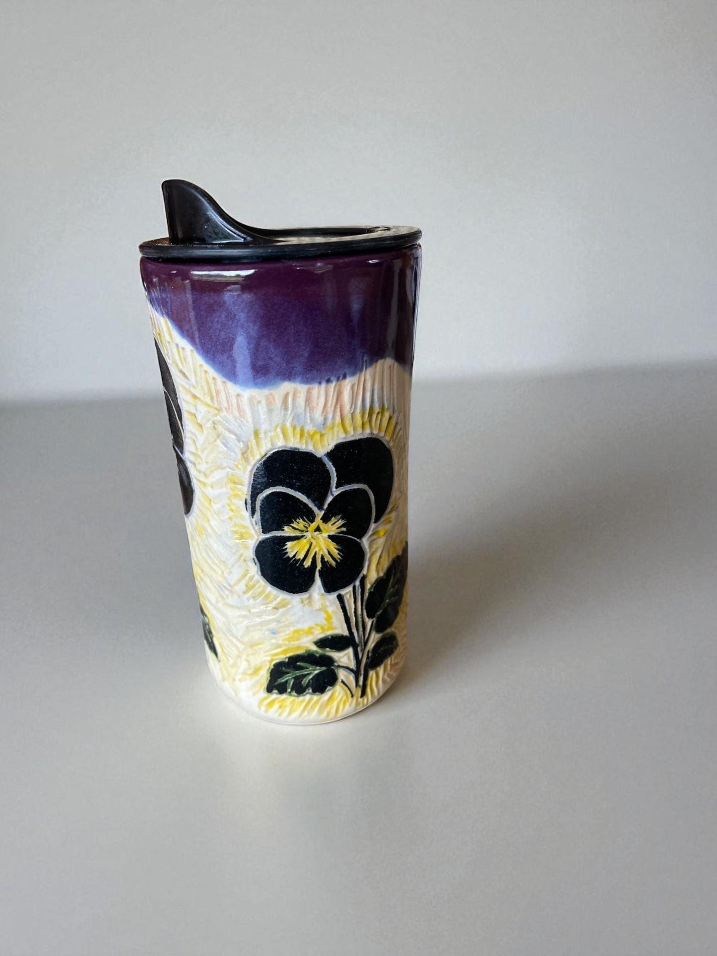 Handmade Porcelain Travel Mug: Carved Pansy Design, Locking Lid