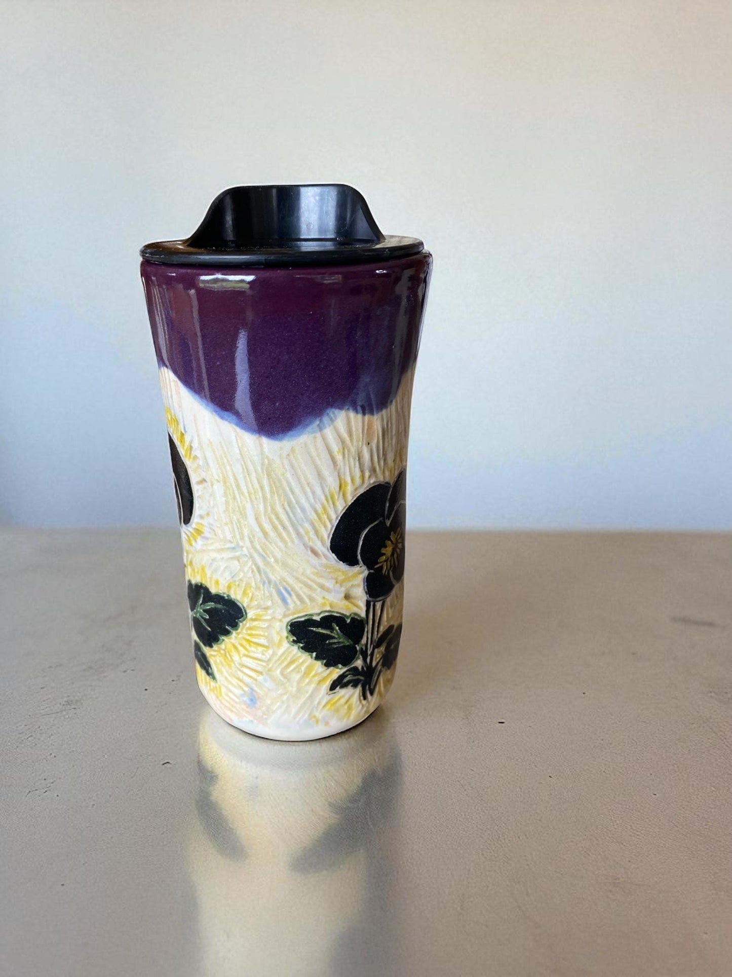 Handmade Porcelain Travel Mug: Carved Pansy Design, Locking Lid
