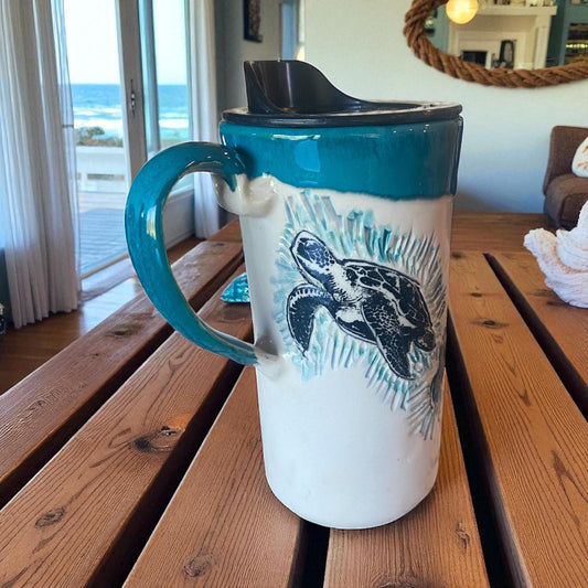 Handcrafted Stoneware Turtle Travel Mug: Silk-Screened Pottery Coffee Cup for Nature Lovers