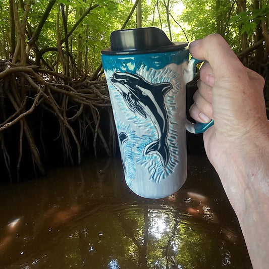 Handcrafted Stoneware Dolphin Travel Mug: Unique Ceramic Coffee Cup for Ocean Lovers and Commuters