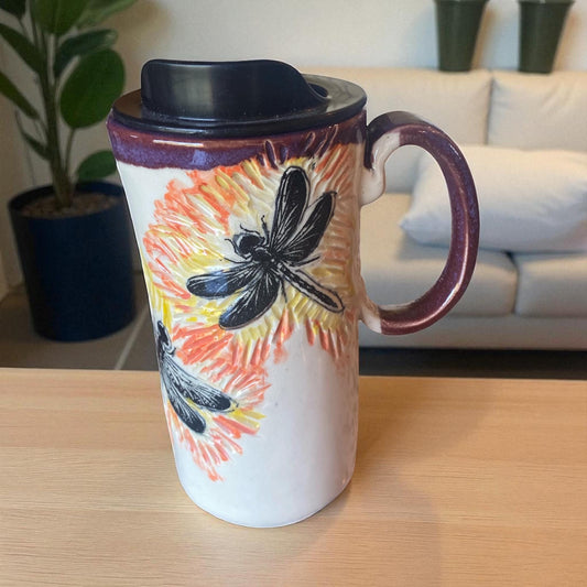 Artisanal Dragonfly Porcelain Travel Mug: Hand-Carved Coffee Cup with Lid for Commuters