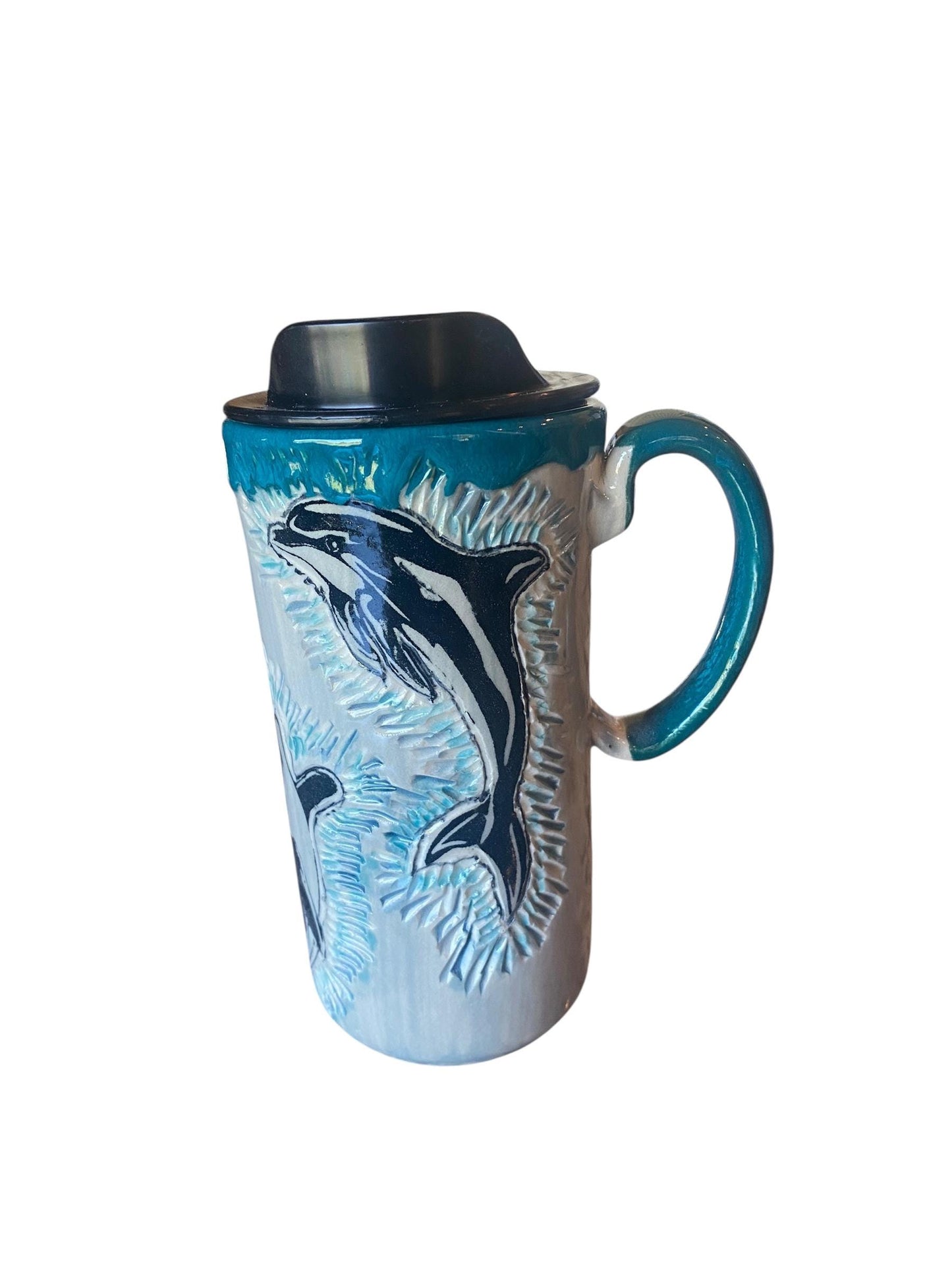 Handcrafted Stoneware Dolphin Travel Mug: Unique Ceramic Coffee Cup for Ocean Lovers and Commuters