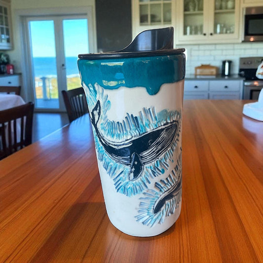 Carved Whale Stoneware Travel Mug: Handmade Pottery Coffee Cup for Commuters and Ocean Lovers