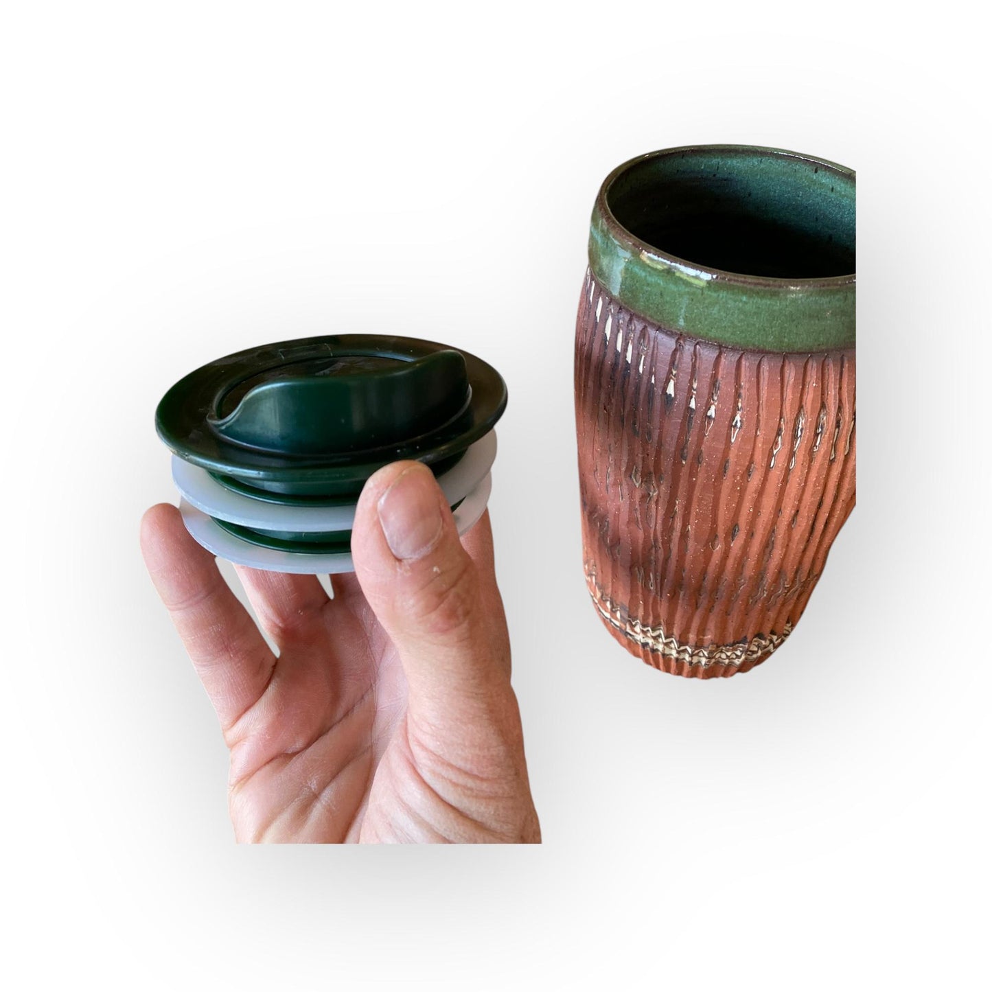 Handcrafted Agateware Forest Green Travel Mug: Fluted Stoneware Pottery for Coffee Lovers (B-14)