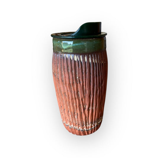 Handcrafted Forest Green Agateware Travel Mug: Fluted Stoneware Ceramic Cup with Custom Glaze
