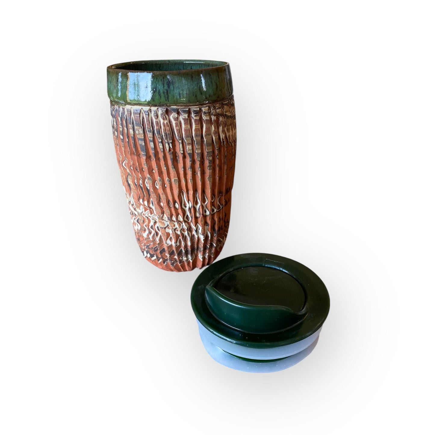 Handcrafted Forest Green Agateware Travel Mug: Fluted Stoneware Ceramic Cup with Custom Glaze