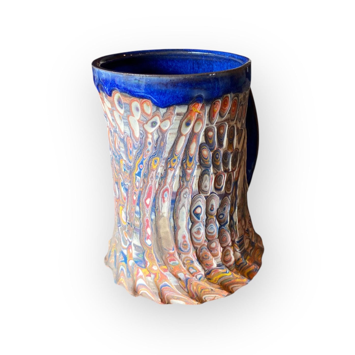 Handcrafted Agateware Stoneware Travel Mug: Fluted Pottery Coffee Cup with Blue Accents