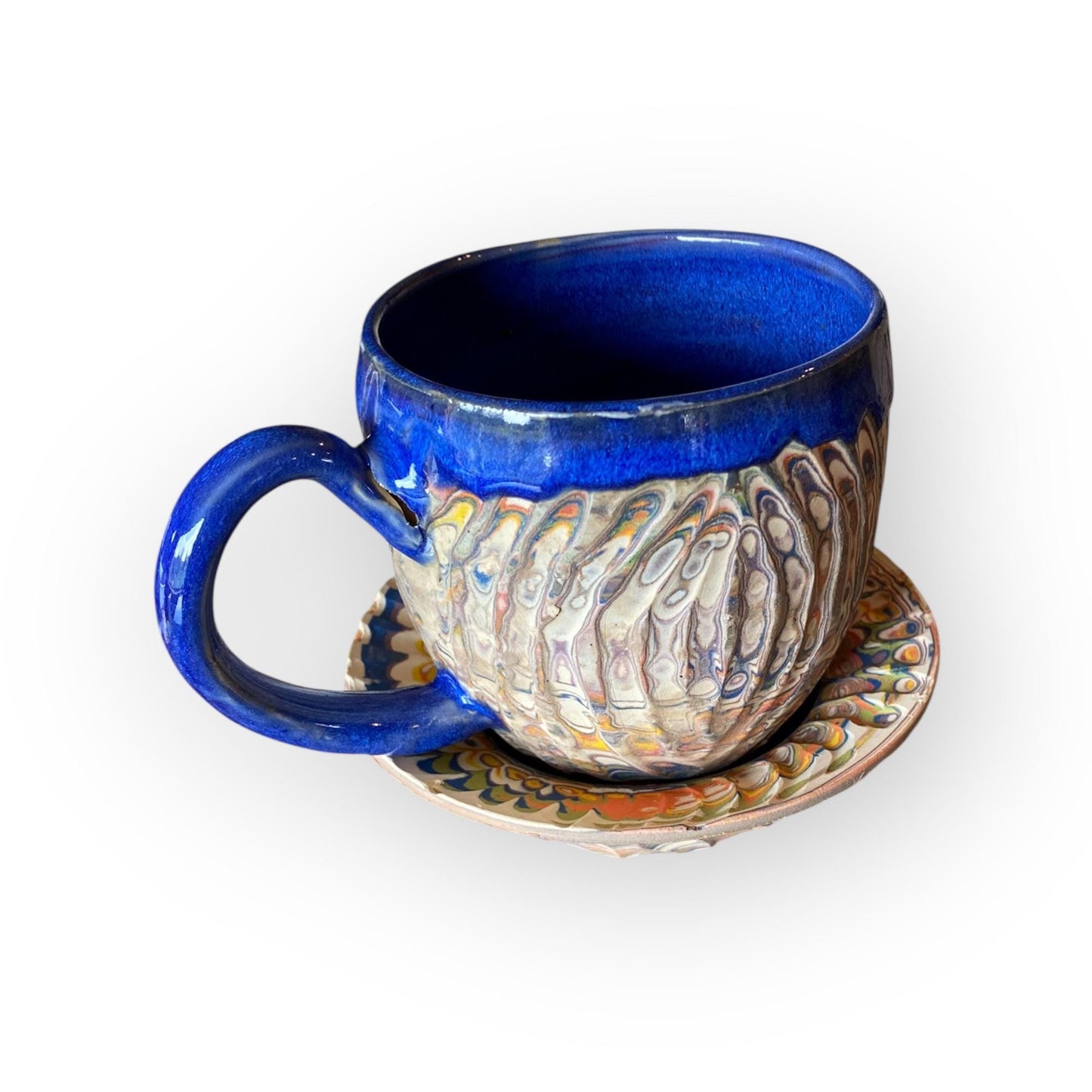 Artisanal Rainbow Agateware Tea Cup Set: Handcrafted Stoneware Pottery for Collectors & Enthusiasts