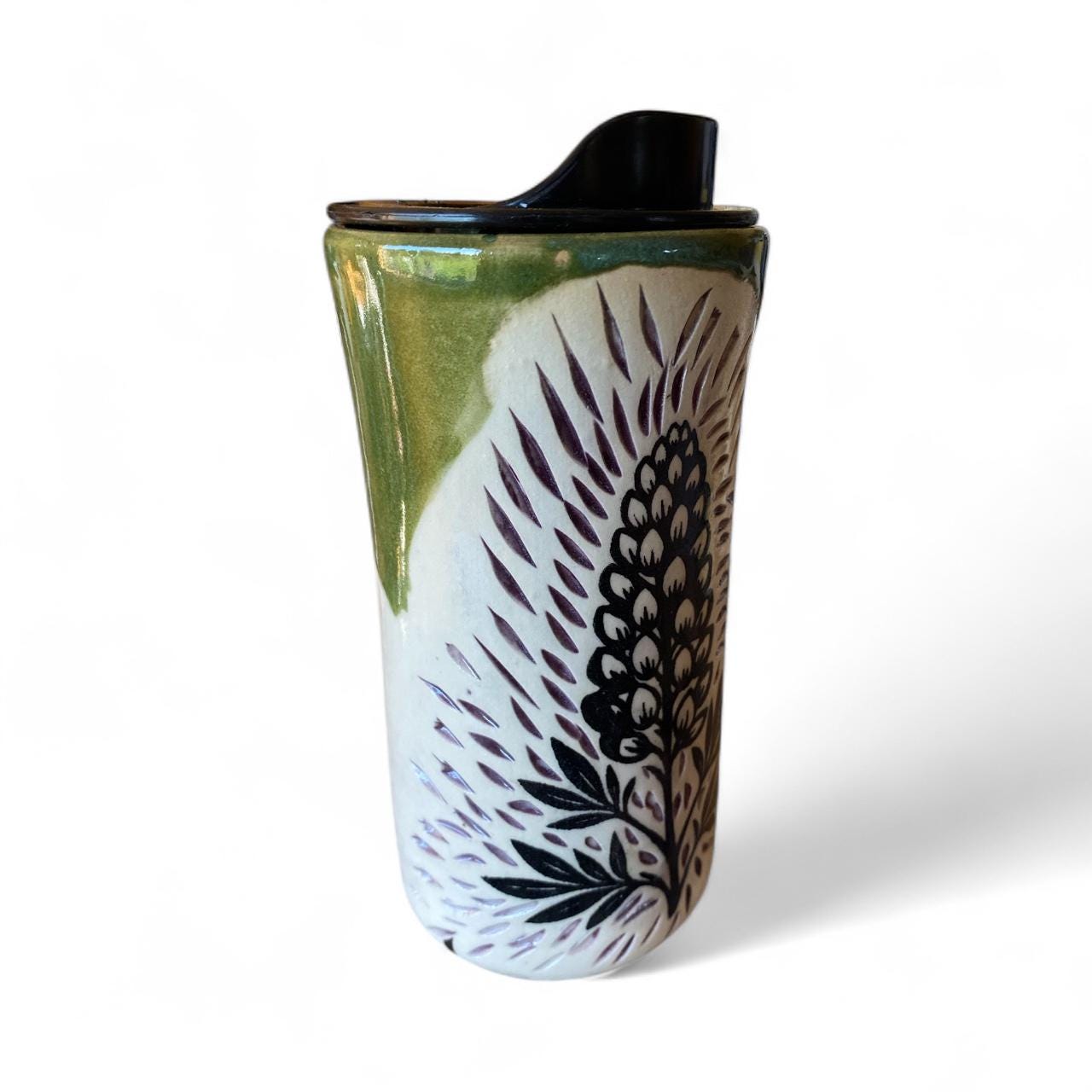 Handcrafted Lupine Porcelain Travel Mug: Carved Stoneware, Leakproof Lid, Nature-Inspired Gift