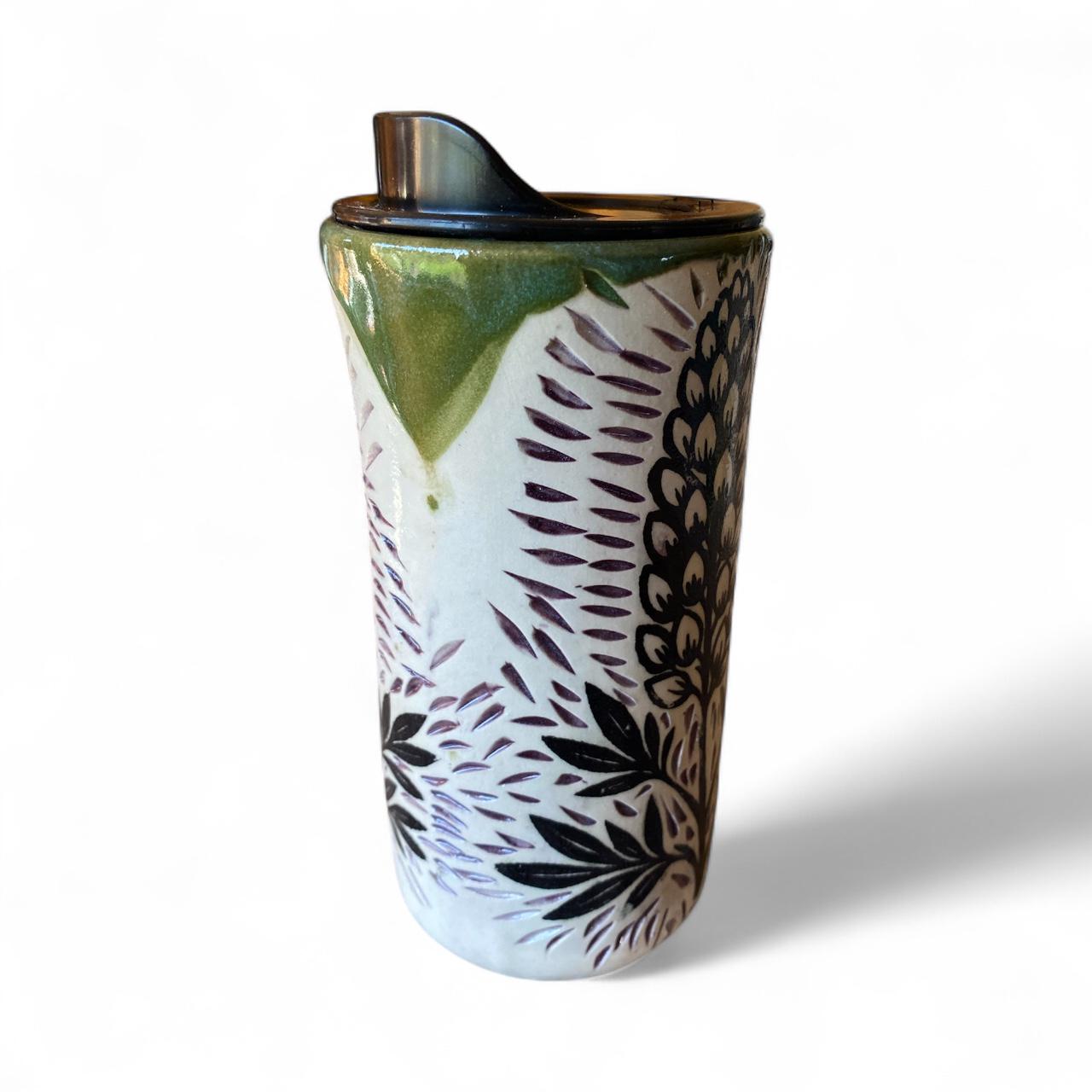 Handcrafted Lupine Porcelain Travel Mug: Carved Stoneware, Leakproof Lid, Nature-Inspired Gift