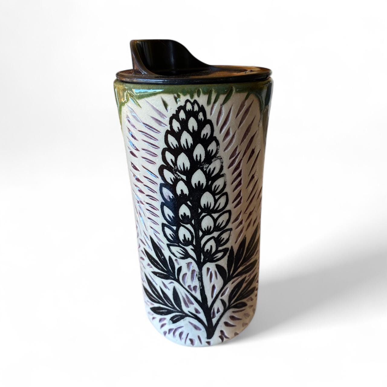 Handcrafted Lupine Porcelain Travel Mug: Carved Stoneware, Leakproof Lid, Nature-Inspired Gift