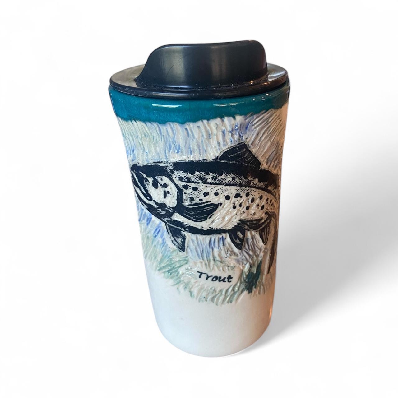 Sgraffito Ceramic Travel Mug: Trout & Turquoise Design, 16oz Handmade Fishing Themed Pottery