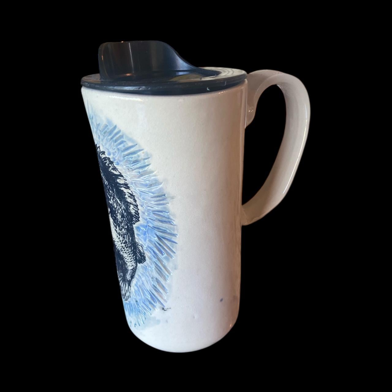 Handmade Sgraffito Bass Travel Mug: 16 oz Ceramic Coffee Cup with Lid