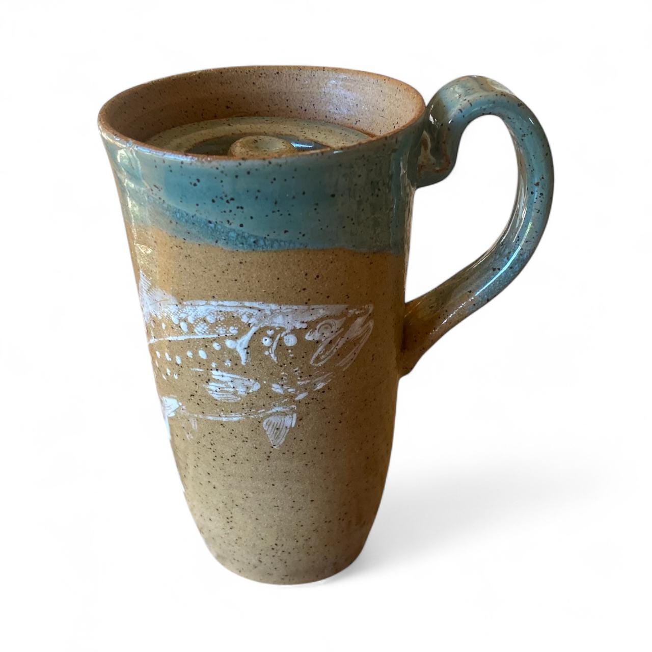 Handmade Trout Themed Ceramic Travel Mug – 16 oz Stoneware Tumbler with Locking Ceramic Lid