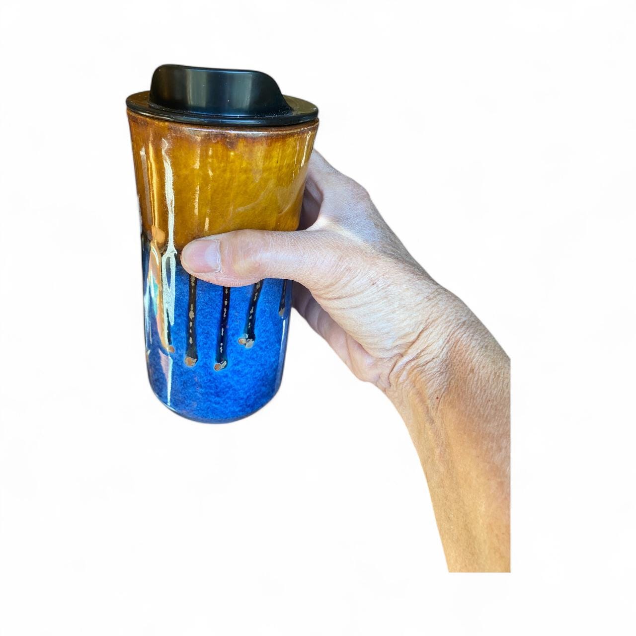 Handmade Caramel & Blue Porcelain Travel Mug: Locking Lid