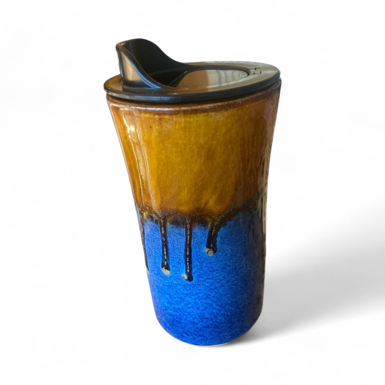 Handmade Caramel & Blue Porcelain Travel Mug: Locking Lid
