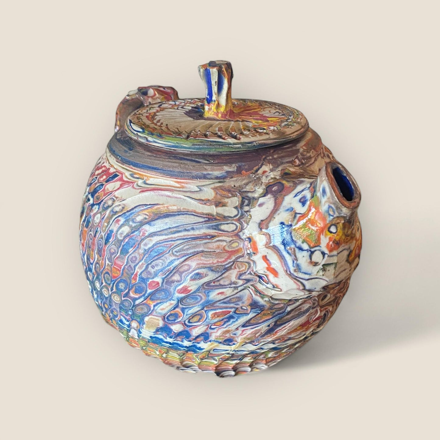 Unique 7-Color Neriage Teapot: Handcrafted Marbled Ceramic Pottery for Asian Tea Ceremonies