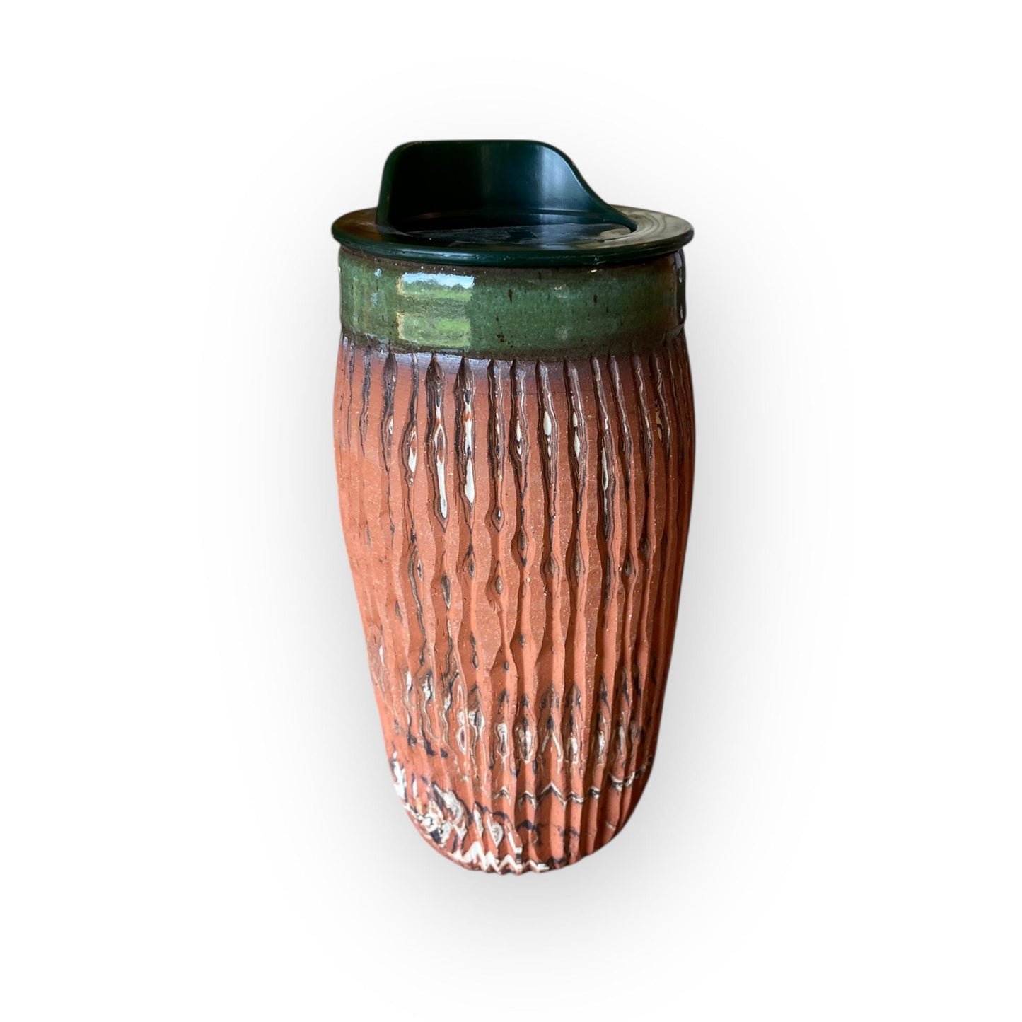 Handcrafted Forest Green Agateware Travel Mug: Fluted Stoneware Ceramic Cup with Custom Glaze