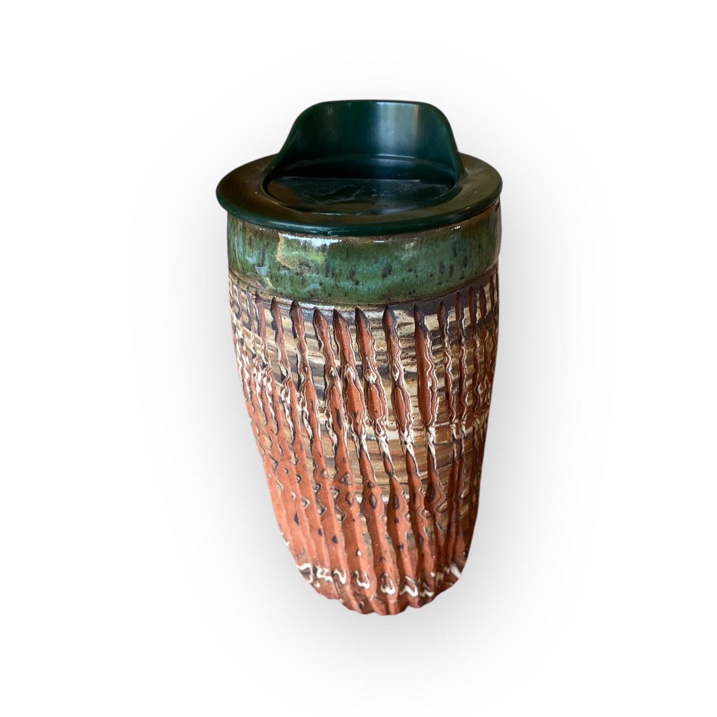 Handcrafted Forest Green Agateware 16-Ounce Travel Mug: Fluted Stoneware Ceramic Cup (B-18)