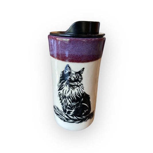 Handmade Norwegian Forest Cat Travel Mug: Silk Screened Porcelain Coffee Cup