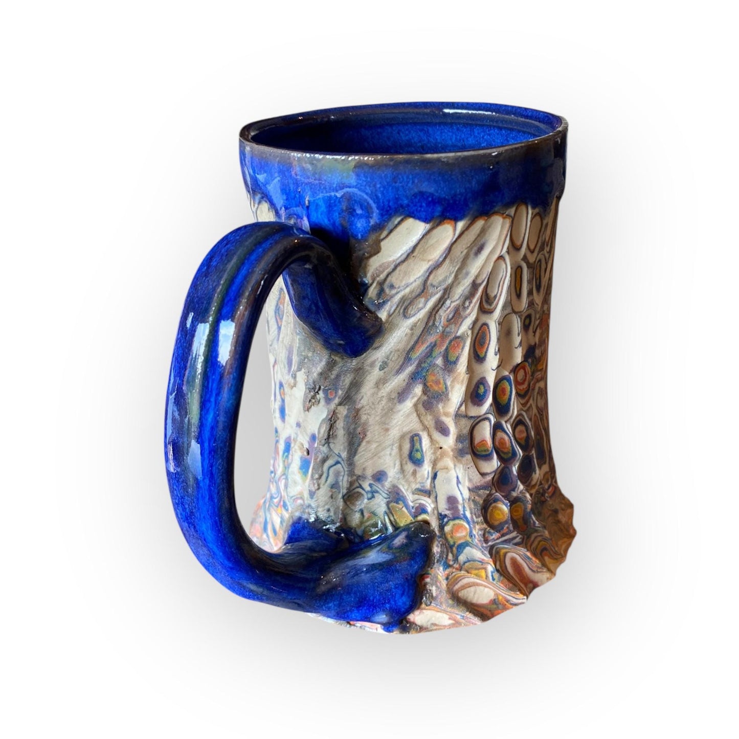Handcrafted Agateware Stoneware Travel Mug: Fluted Pottery Coffee Cup with Blue Accents