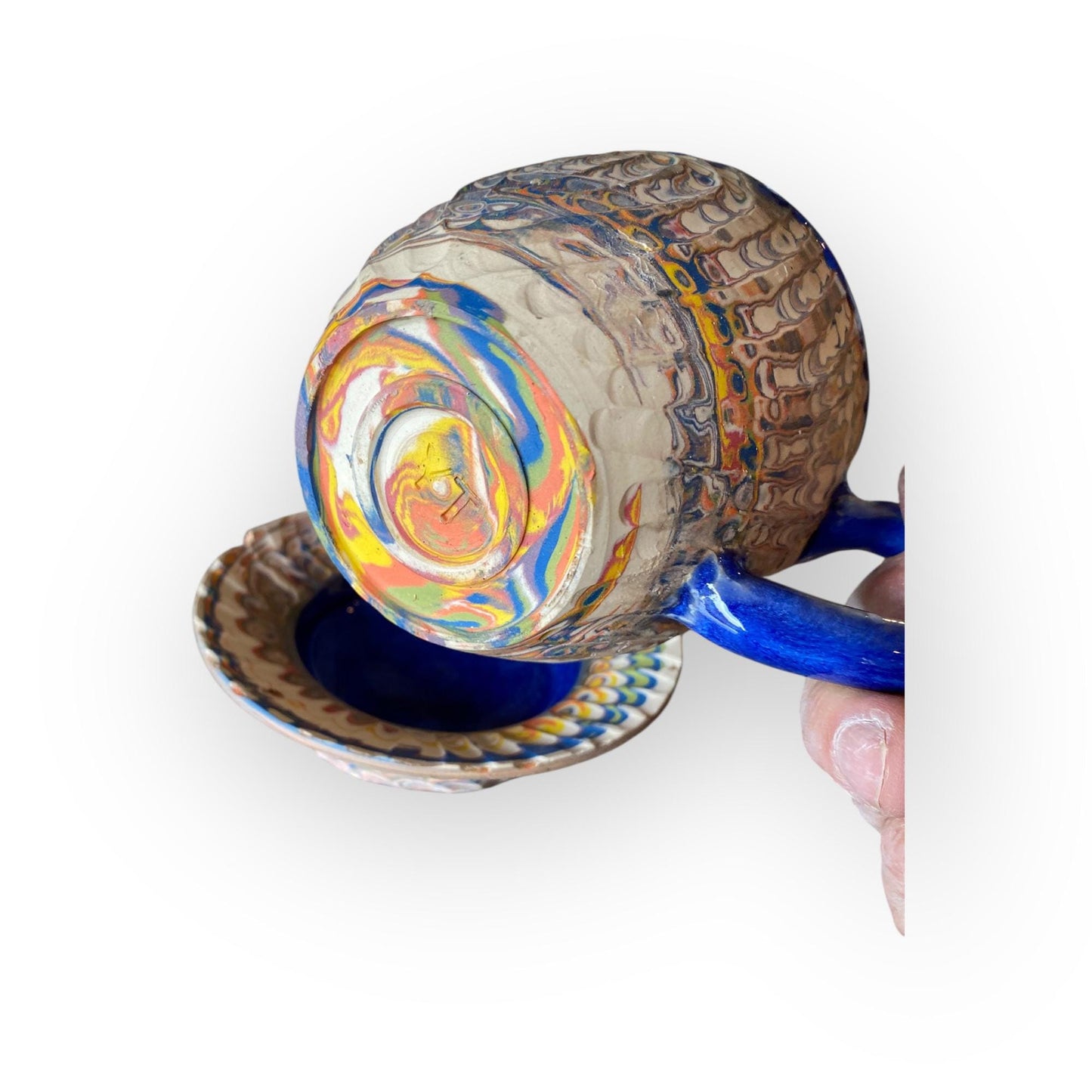 Artisanal Rainbow Agateware Tea Cup Set: Handcrafted Stoneware Pottery for Collectors & Enthusiasts