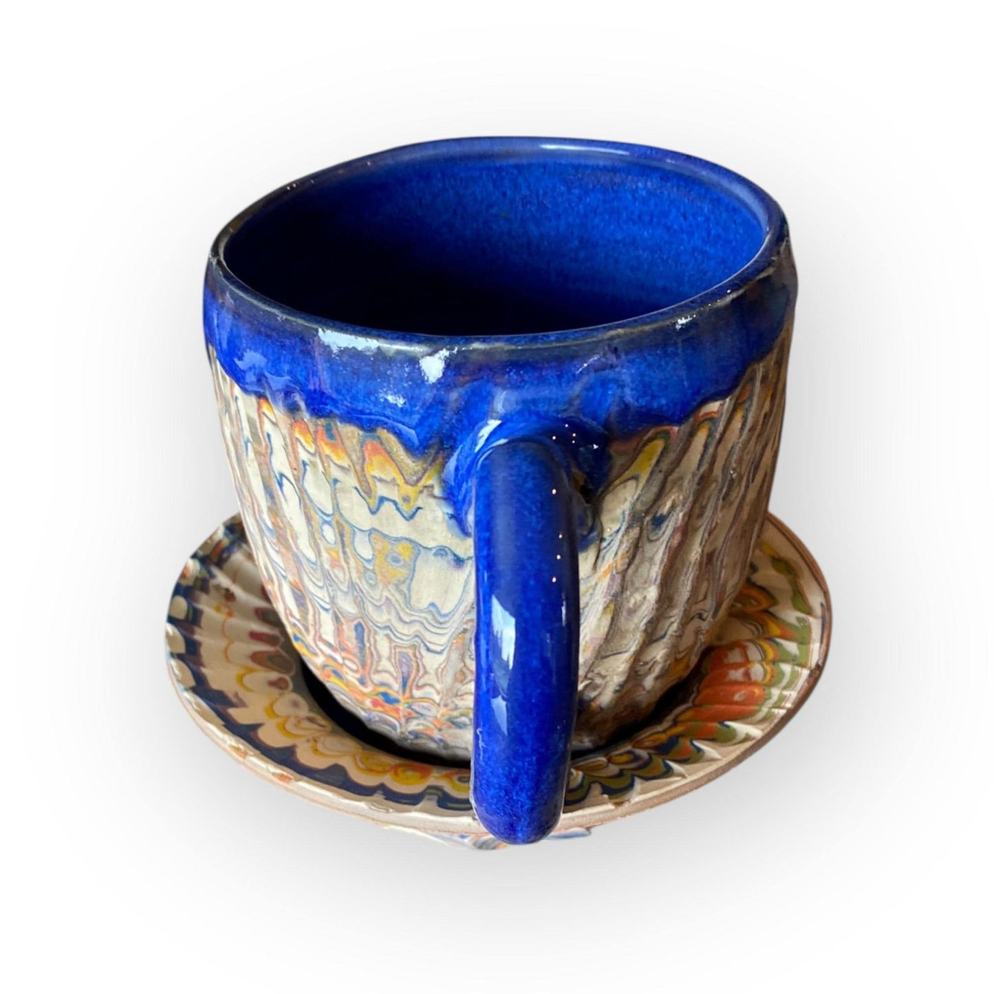 Artisanal Rainbow Agateware Tea Cup Set: Handcrafted Stoneware Pottery for Collectors & Enthusiasts