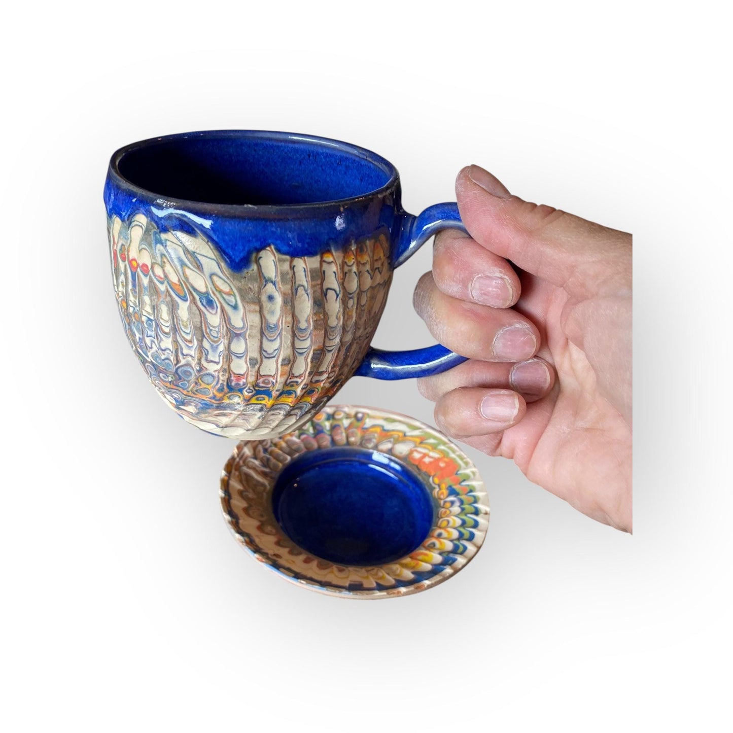 Artisanal Rainbow Agateware Tea Cup Set: Handcrafted Stoneware Pottery for Collectors & Enthusiasts