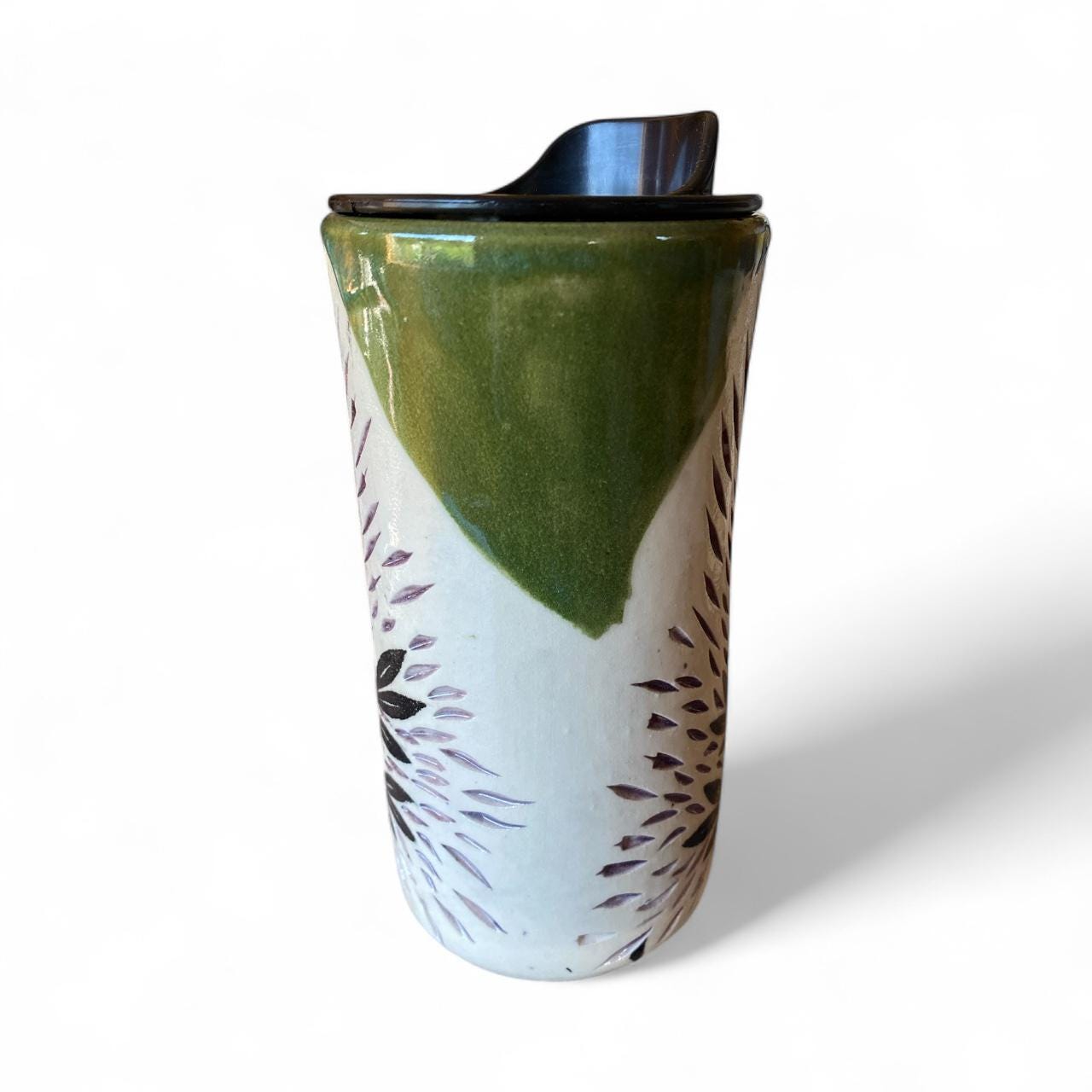 Handcrafted Lupine Porcelain Travel Mug: Carved Stoneware, Leakproof Lid, Nature-Inspired Gift