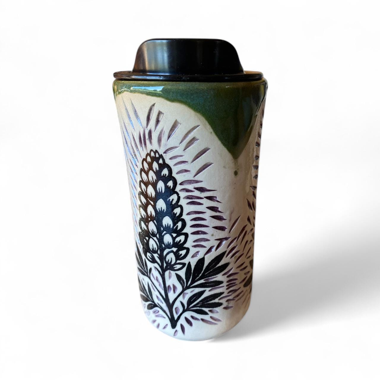 Handcrafted Lupine Porcelain Travel Mug: Carved Stoneware, Leakproof Lid, Nature-Inspired Gift