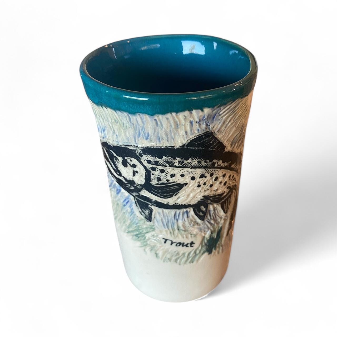 Sgraffito Ceramic Travel Mug: Trout & Turquoise Design, 16oz Handmade Fishing Themed Pottery