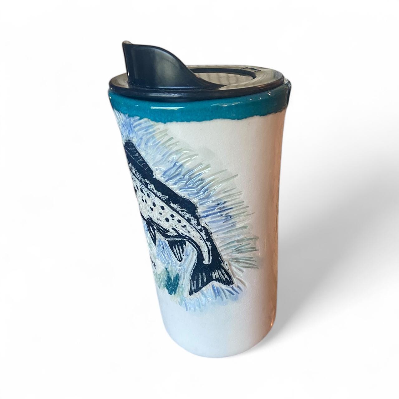 Sgraffito Ceramic Travel Mug: Trout & Turquoise Design, 16oz Handmade Fishing Themed Pottery