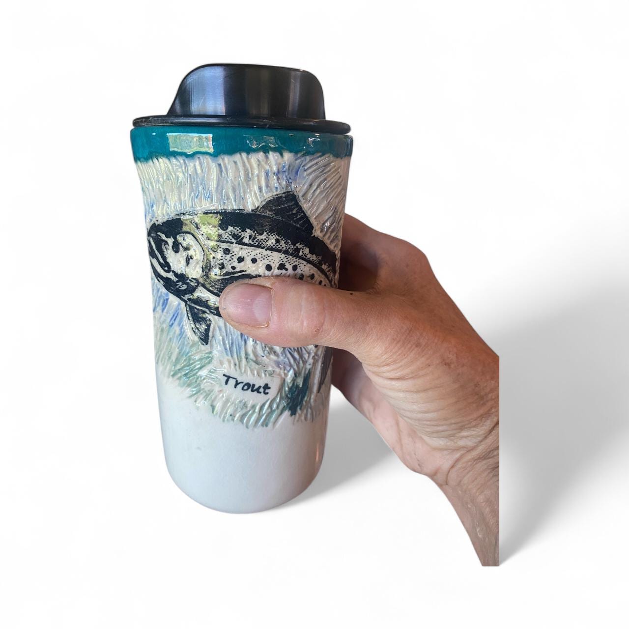 Sgraffito Ceramic Travel Mug: Trout & Turquoise Design, 16oz Handmade Fishing Themed Pottery